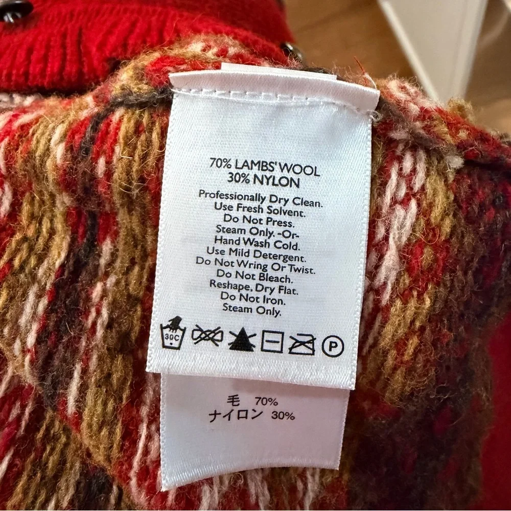 Eddie Bauer Button Front Lambs Wool Cardigan Sweater Size Small Red Fair Isle